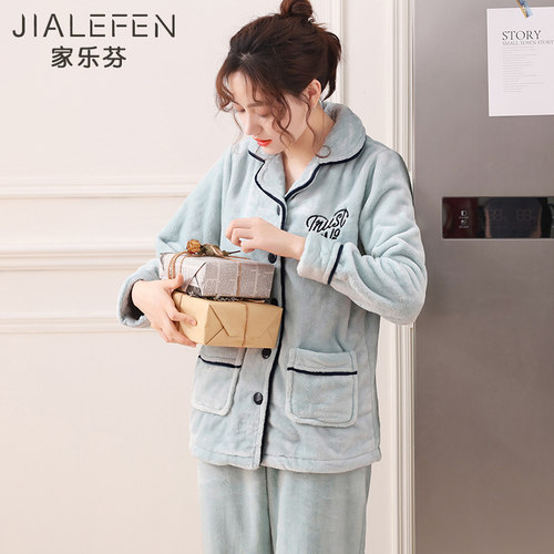 睡衣女秋冬款冬季珊瑚绒家居服法兰绒加厚款冬天大码加绒保暖套装 - 图3