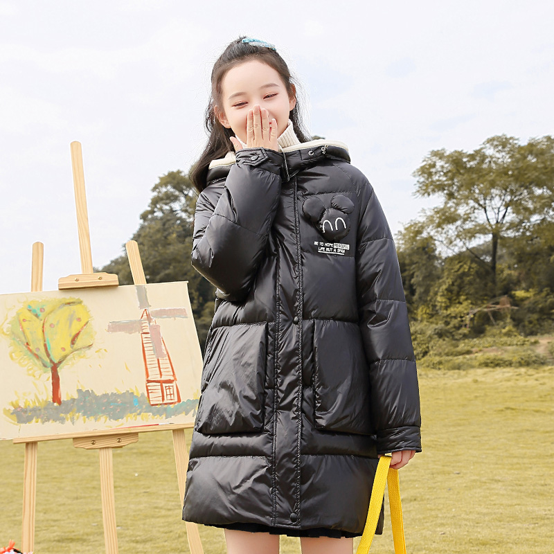 初中学生羽绒服女2023冬季新款高中生少女中长款亮面派克服厚外套-图0