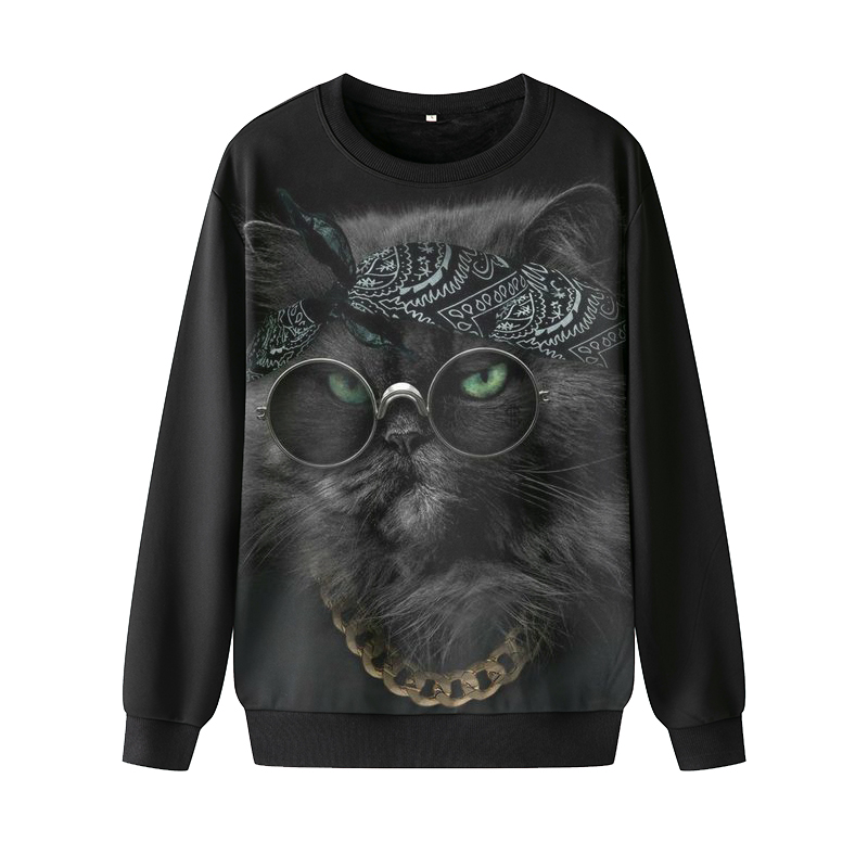 个性猫图案印花卫衣小青年痞帅男黑色外套长袖秋冬衣服拼色衣服潮