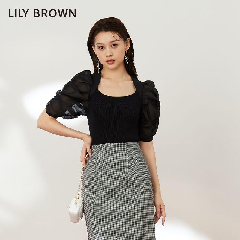 LILY BROWN秋冬款 甜美泡泡袖雪纺修身针织上衣LWNT234138