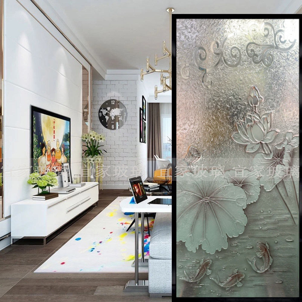 艺术玻璃玄关新中式浮雕工艺荷花简约现代移门璃双面透光卫生间