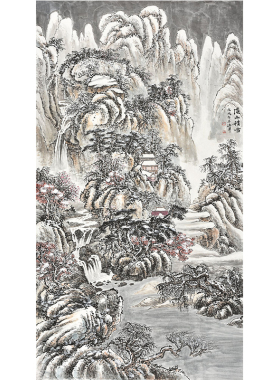 名师手绘国画水墨六尺大幅山水画