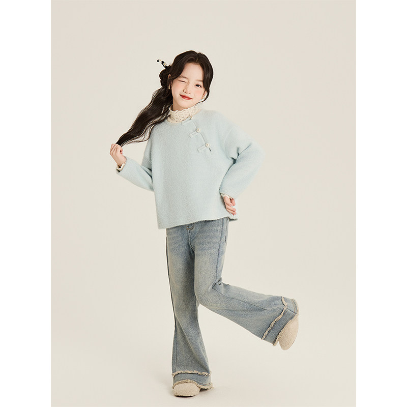 Amybaby女童上衣冬季2025新款设计感新中式珍珠盘扣小众针织衫,淘宝优惠券,粉丝福利购,淘宝优惠卷