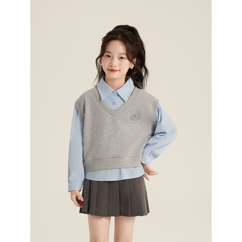 Amybaby女童上装春季2026新款韩版春日学院风假两件拼接衬衫上衣 - 图0