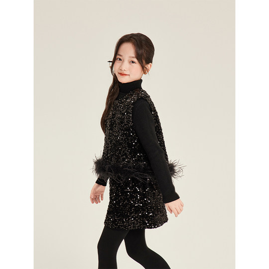 Amybaby女童套装冬季2025新款中式国风系列亮片鸵鸟毛背心裙马甲