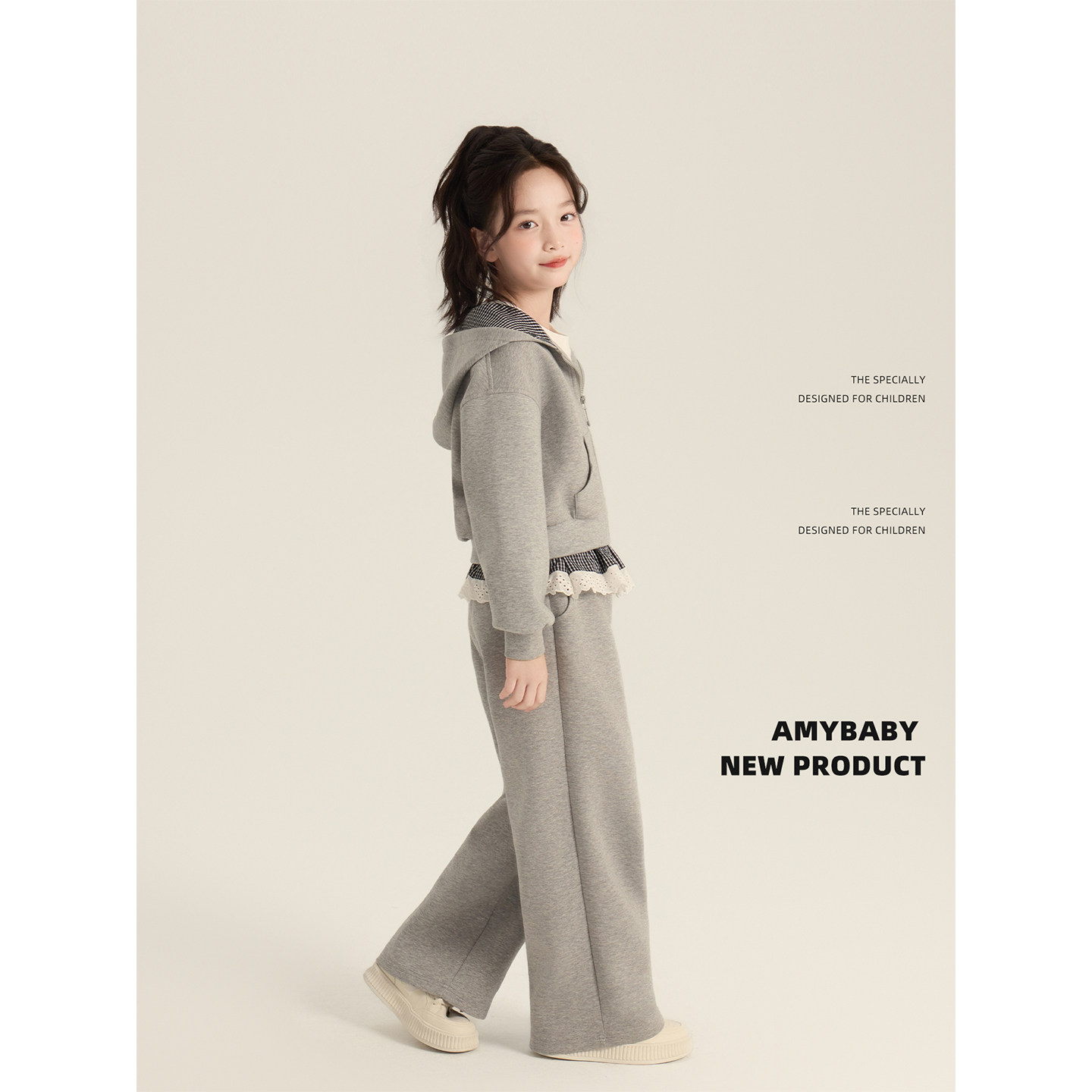 Amybaby女童套装秋季2025新款格子拼接宽松休闲连帽拉链开衫裤子