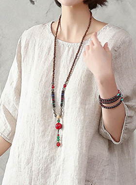 项链复古风佛珠亚麻民族唐装t恤