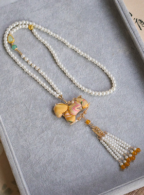 新中式国风宋锦挂件串珠长款毛衣链古风项链汉服配饰珍珠旗袍吊坠