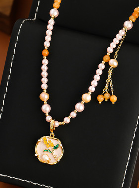 新中式国风粉色珍珠花朵串珠女项链滴釉高级感毛衣链配饰挂件锁骨