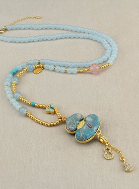 仿宋锦双面葫芦流苏项链女款中式国风毛衣链串珠圆珠古风旗袍配饰