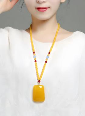 鸡油蜜蜡水滴平安扣吊坠长串珠毛衣链女旗袍新中式配饰气质挂件坠