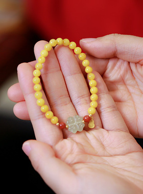 天然鸡油黄蜜蜡佛珠手串女琥珀和田玉单圈手链女生配饰复古中国风