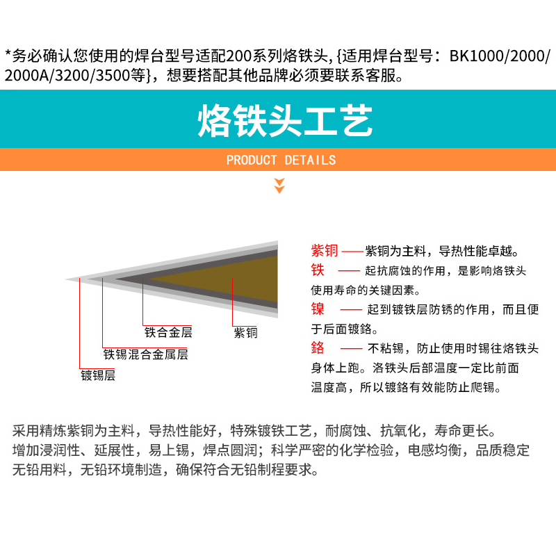 200M烙铁头高频焊台203H通用款90W恒温烙铁咀无铅焊锡咀马蹄刀头