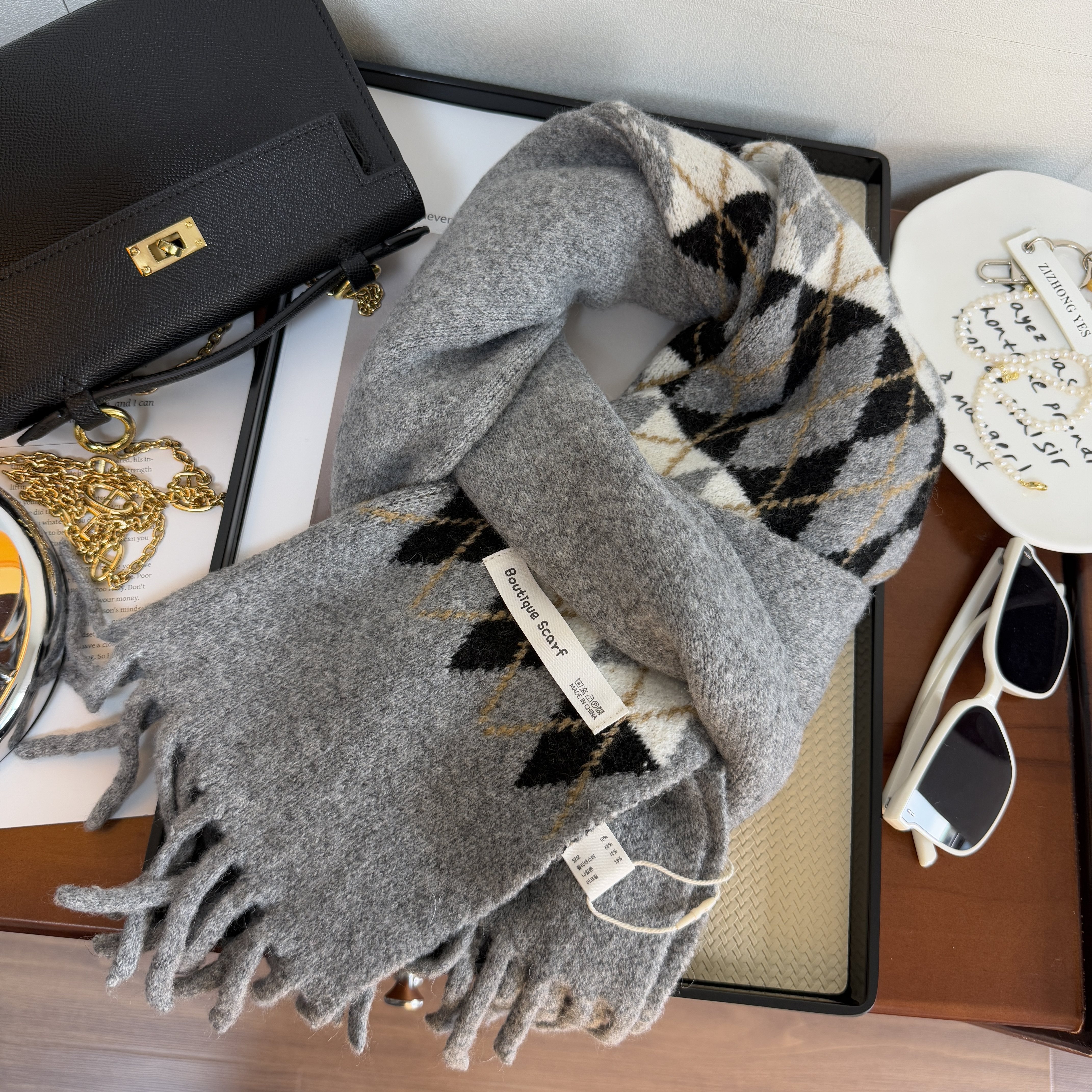 浓浓复古味！中性风羊毛混纺菱格男女款保暖围巾费尔岛百搭围脖厚,淘宝优惠券,粉丝福利购,淘宝优惠卷