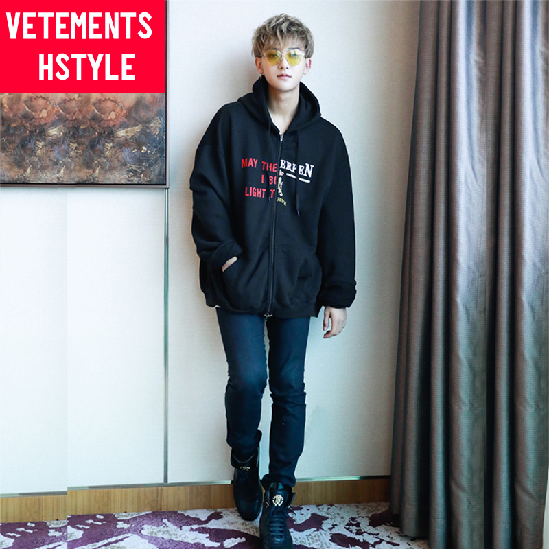 VETEMENTS HSTYLE黄子韬同款黑色连帽卫衣宽松oversize外套上衣-图2