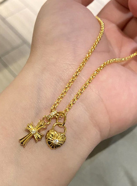 小红书爆款十字架心形项链中古风Vintage金色爱心DIY精致锁骨链女