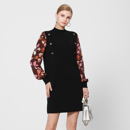 商场同款马天奴2025秋冬新款黑色羊毛混纺针织连衣裙子印花袖短裙 - 图2