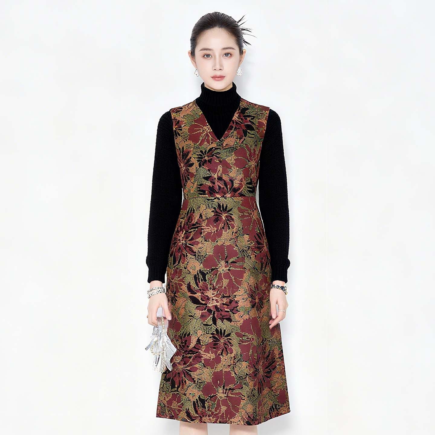 马天奴秋冬新款红色印花V领无袖收腰皮裙连衣裙子时尚气质女,淘宝优惠券,粉丝福利购,淘宝优惠卷