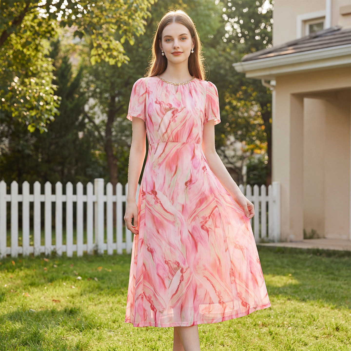 马天奴2025夏季新款浅粉印花连衣裙子圆领链条短袖收腰气质时尚女