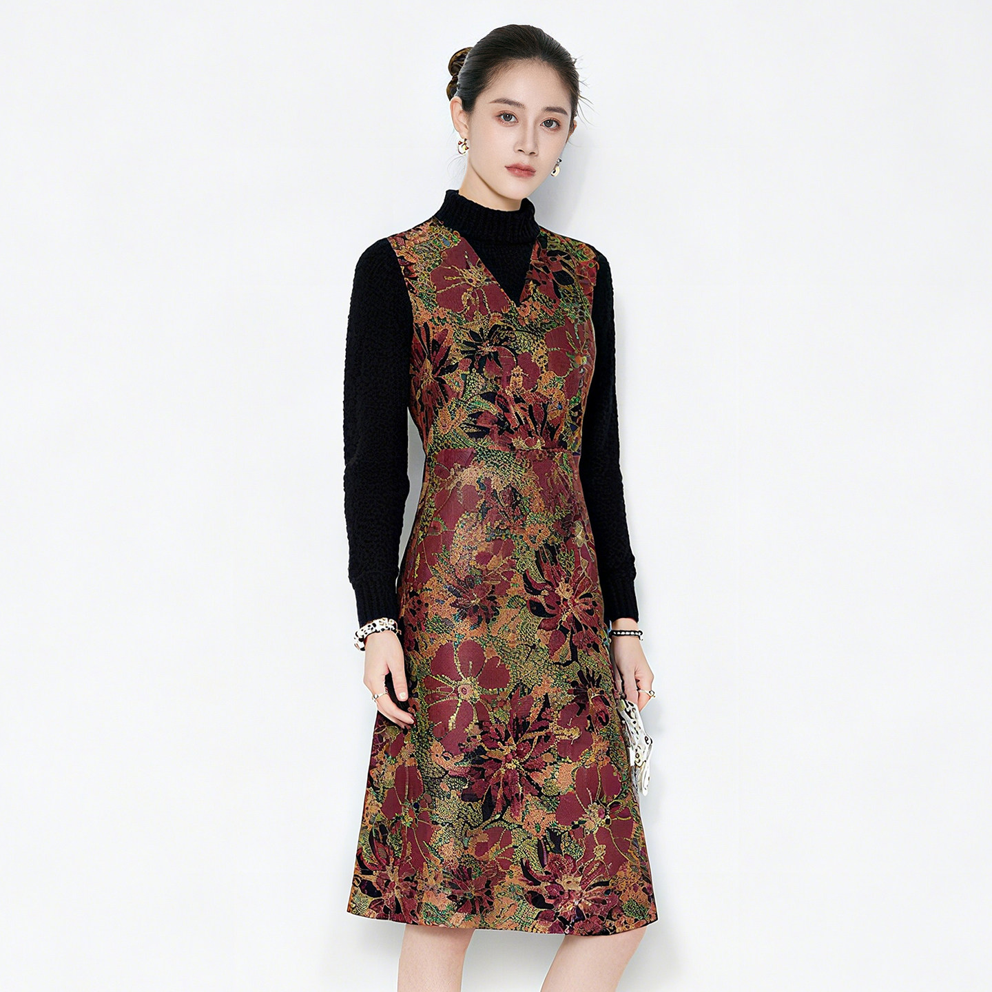 马天奴秋冬新款红色印花V领无袖收腰皮裙连衣裙子时尚气质女,淘宝优惠券,粉丝福利购,淘宝优惠卷