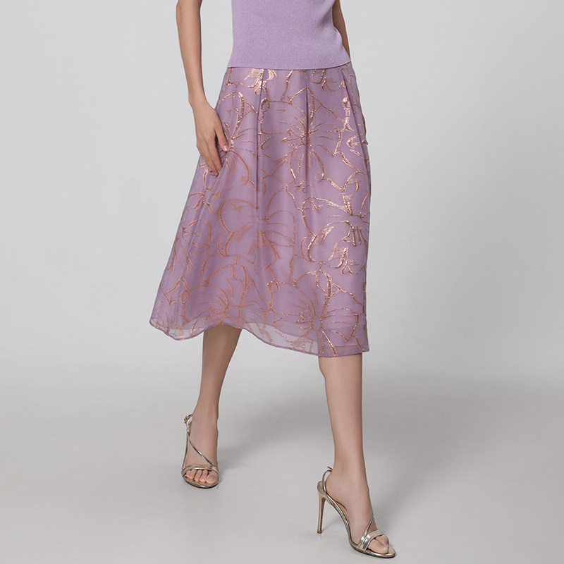 专柜正品马天奴女装夏季新款紫色闪葱提花半身裙半裙子A字裙压褶,淘宝优惠券,粉丝福利购,淘宝优惠卷
