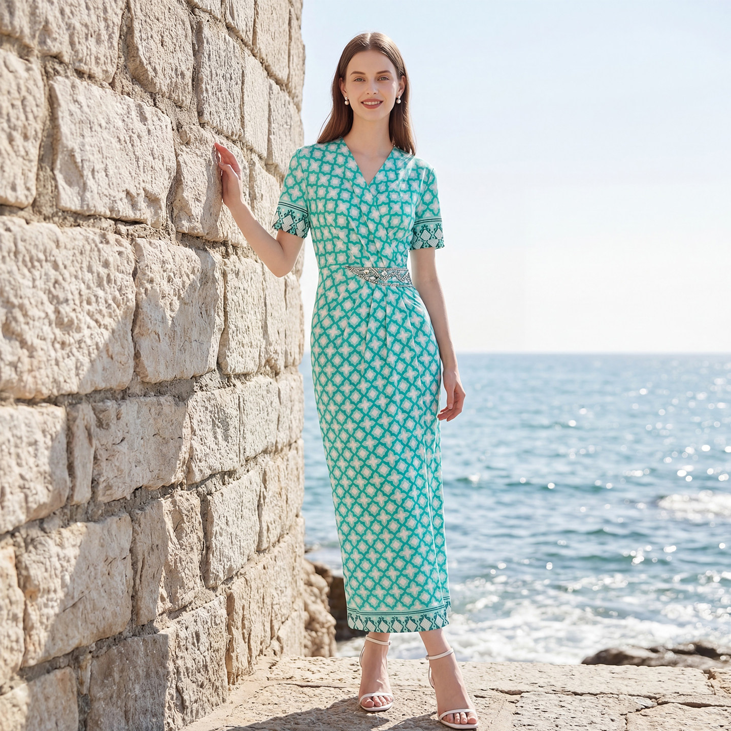 商场同款马天奴2025夏季印花连衣裙法式V领钉珠收腰裙子宴会度假