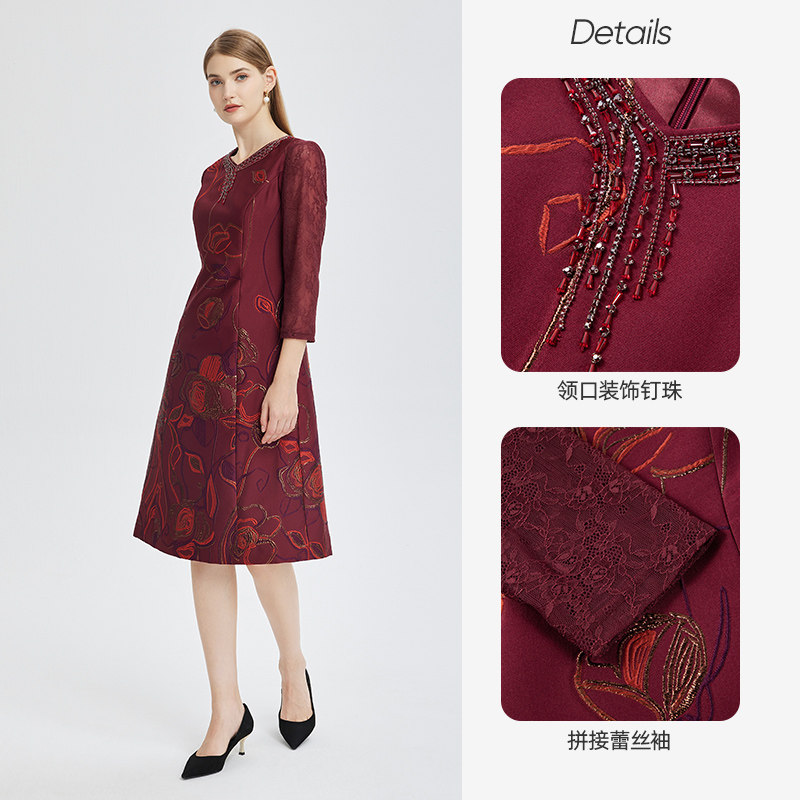 商场同款马天奴女春夏新款枫叶红色连衣裙气质裙子婚宴喜婆婆礼裙