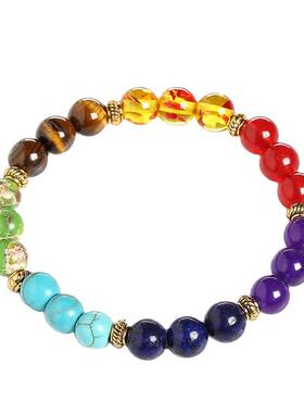 晶德珠宝 能量火山石七色脉年轮手链 欧美单圈手串摆摊现货