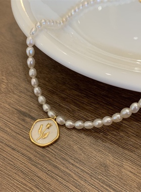 强光米粒淡水珍珠滴釉玫瑰花项链白色珠光珐琅滴釉郁金香锁骨链女