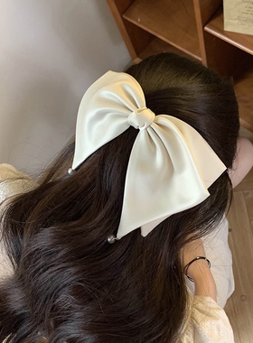 法式珍珠小吊坠质感大发夹女蝴蝶结后脑勺头饰发饰白色边夹顶夹