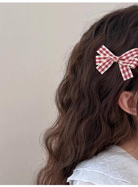 新款日韩小清新红色格纹蝴蝶结发绳森系少女双马尾可爱发饰品发夹