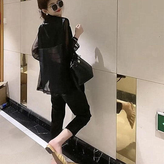 Satin-stitched chiffon fake two-piece sunscreen blazer