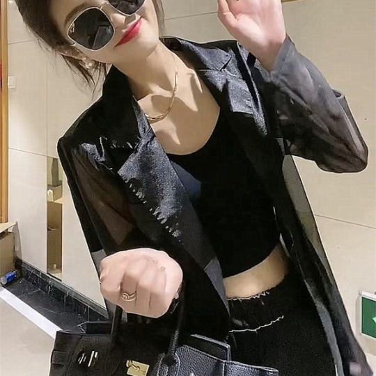 Satin-stitched chiffon fake two-piece sunscreen blazer