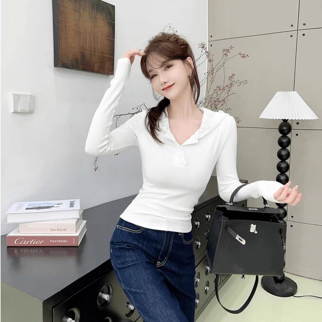 白色连帽长袖t恤秋衣女款2025年新款百搭设计感小众不撞款上衣服 - 图1