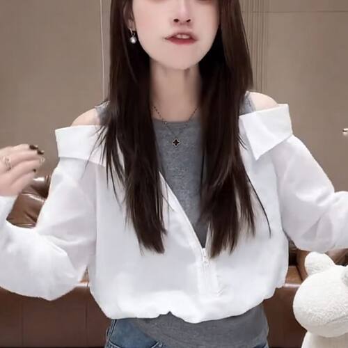 时尚假两件衬衫女2026春季新款洋气宽松显瘦拉链拼接露肩衬衣上衣 - 图1