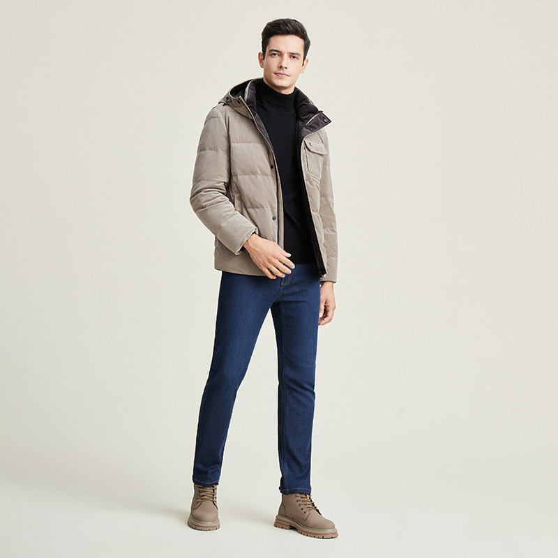 [85%安心白鹅绒]梦特娇25冬季男士羽绒服连帽灯芯绒外套保暖加厚J