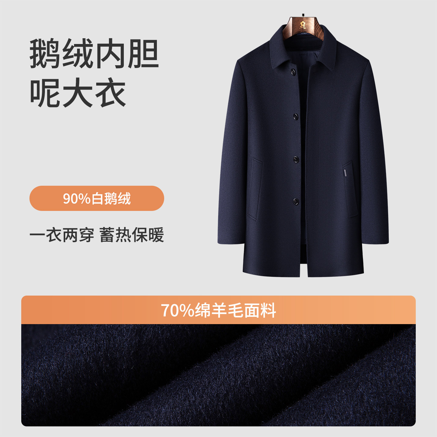 [90%鹅绒/70%羊毛]梦特娇男士羊毛呢大衣秋冬商务中长外套厚保暖J,淘宝优惠券,粉丝福利购,淘宝优惠卷
