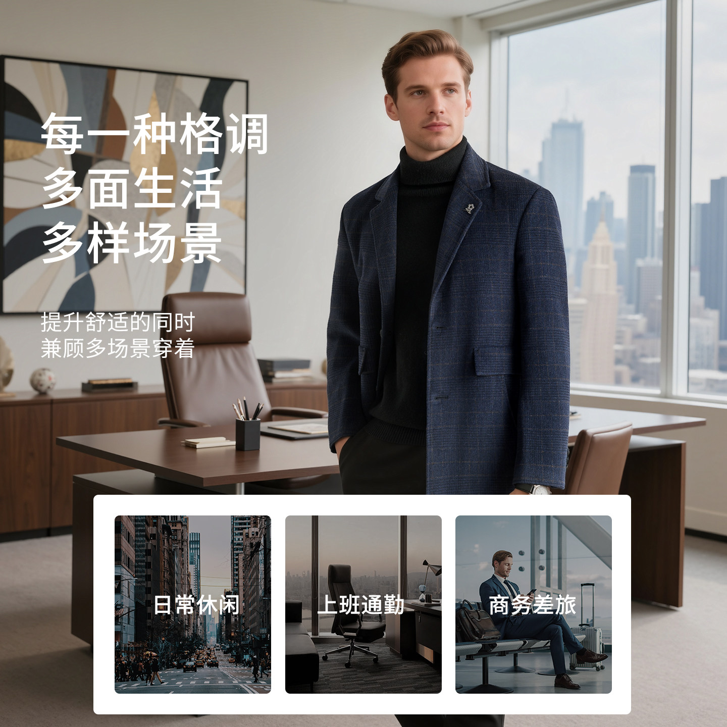 [52%羊毛]梦特娇男士羊毛呢子大衣秋冬商务格纹保暖外套防风挺括J,淘宝优惠券,粉丝福利购,淘宝优惠卷