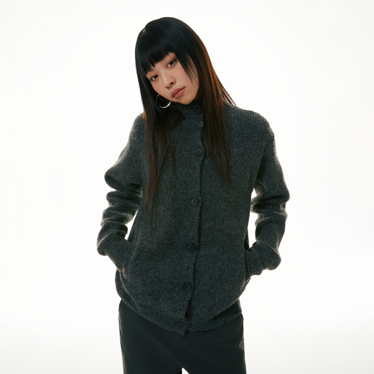 FUNKYFUN原创设计纯色立领纽扣开衫毛衣外套休闲慵懒针织外套男女 - 图1