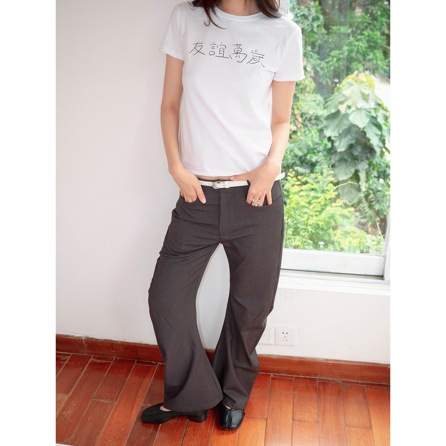 FUNKYFUN original curved three-dimensional structure cut dark gray stacked scimitar trousers casual trousers