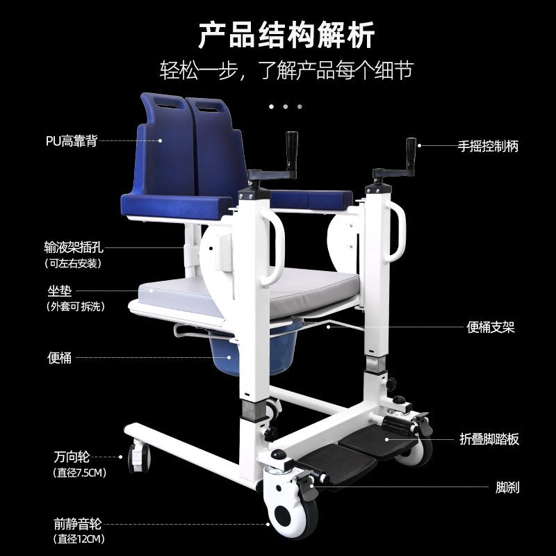 老人护理移位机瘫痪病人洗澡坐便移位器手摇升降移位椅家用淋浴椅-图3
