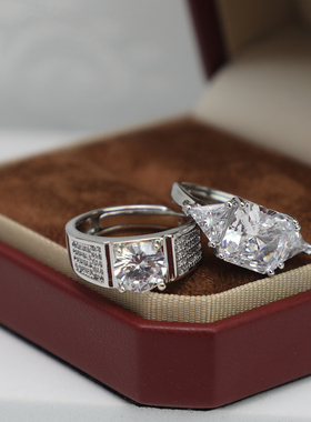 爆闪公主方仿真对戒超大方形钻活口可调节戒指结婚拍照摄影用道具