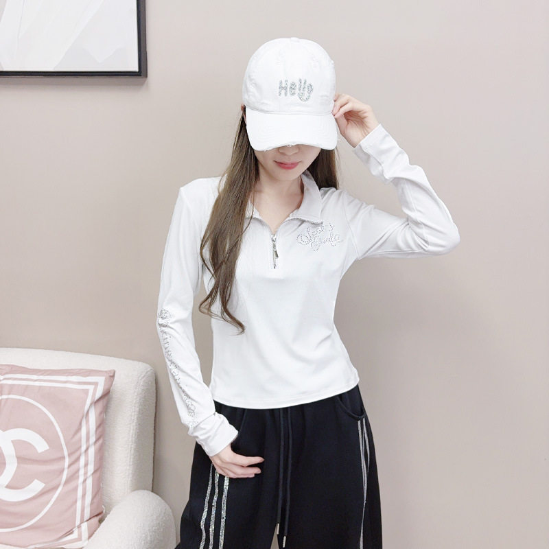 秋冬磨毛拉绒拉链广场舞上衣新款烫钻高弹力长袖T恤韩版健身衣服