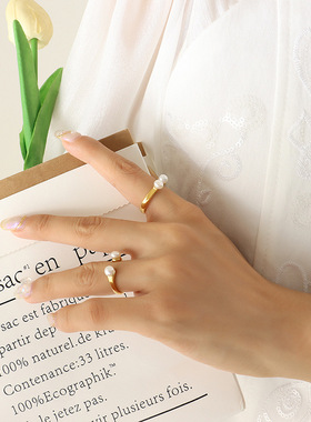 欧美风巴洛克天然淡水珍珠镶嵌戒指 个性时尚U形开口设计镀金尾戒