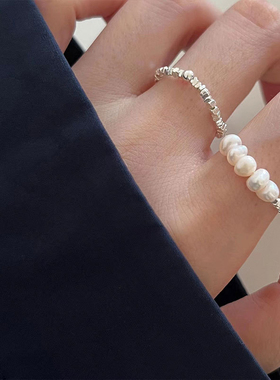 s925纯银碎银子珍珠戒指简约ins网红气质小众设计感闭口指环