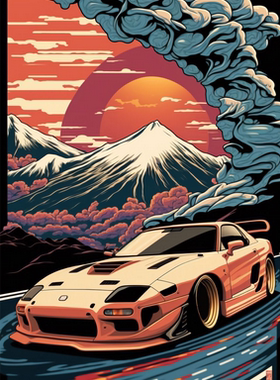 富士山下的汽车数字油画手绘油彩画丙烯填充减压装饰画