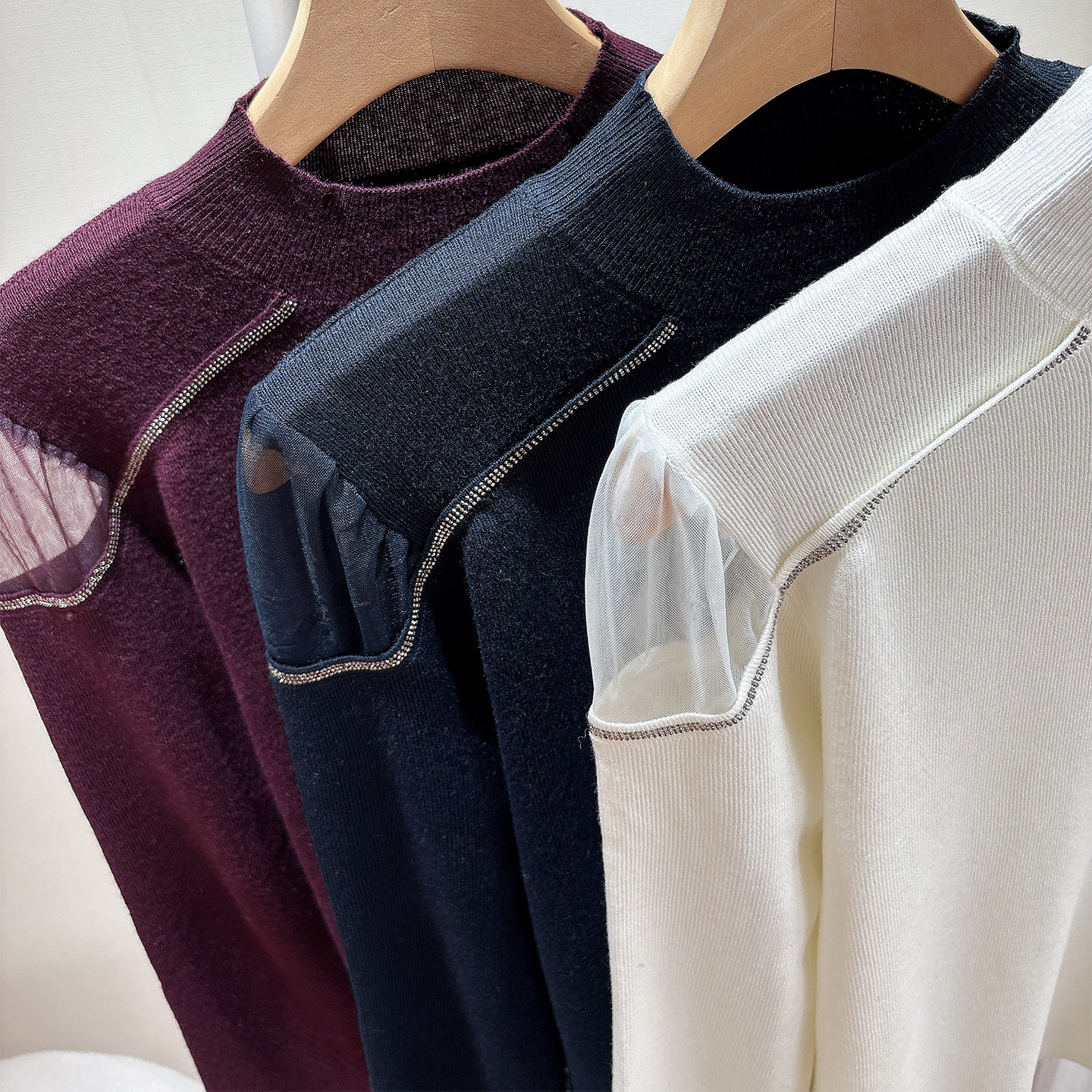 秋冬新品混纺羊绒露肩网纱烫钻半高领针织衫打底衫内搭时尚显瘦女,淘宝优惠券,粉丝福利购,淘宝优惠卷