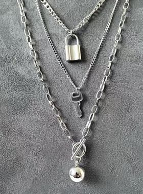 朋克走秀夸张锁钥匙吊坠项链套装多层叠戴项链男女三件套