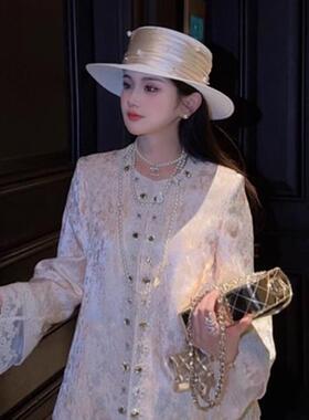 法式名媛复古珍珠平顶草帽女夏季