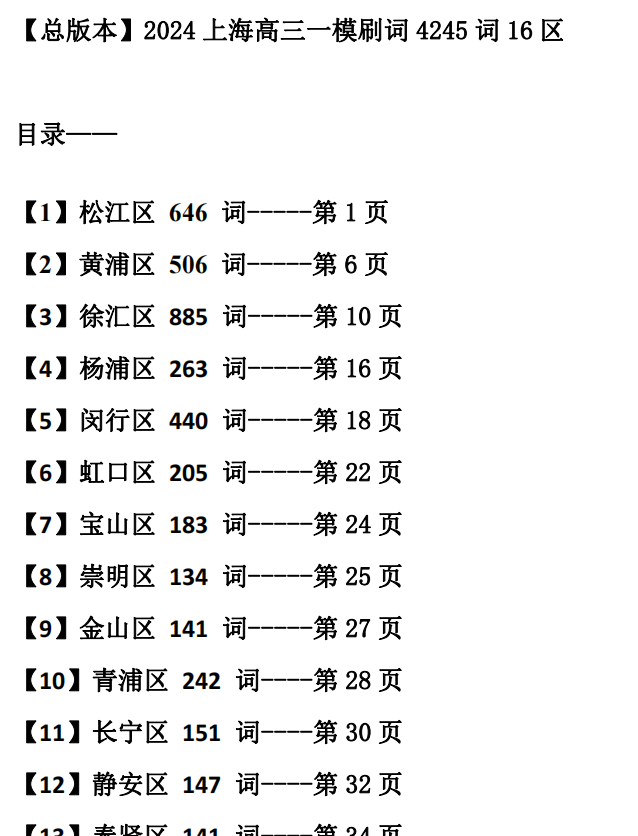 【电子版】2024上海高三英语一模16区刷词4245词上海英语任